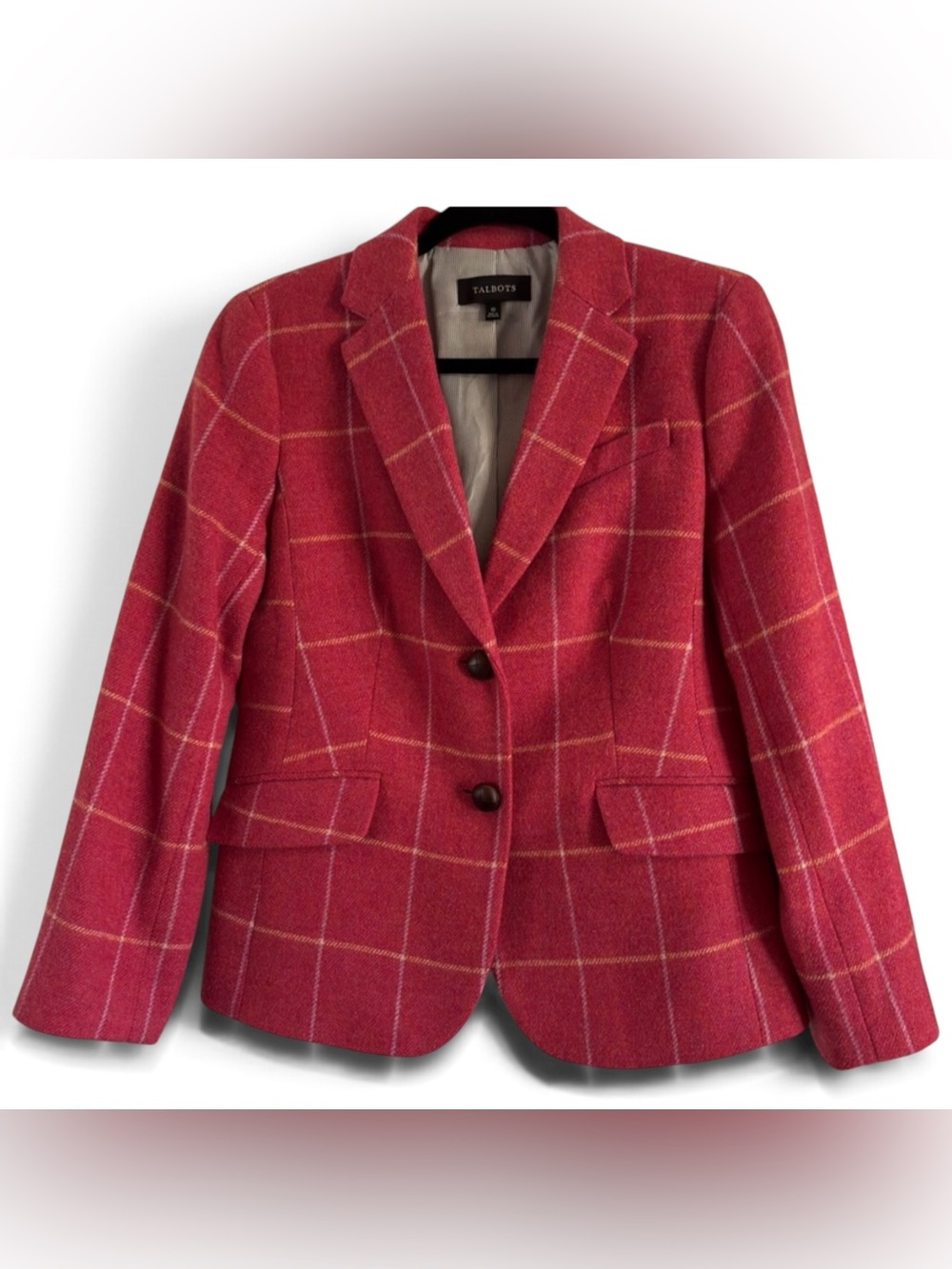 Talbots Wool Blend Pink Windowpane Check Plaid Lined Blazer Jacket Sz 10